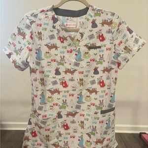 White Cross Festive Animal Print Scrub Top